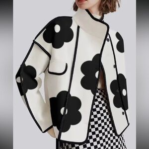 Floral Contrast Black and White Long Sleeve Coat